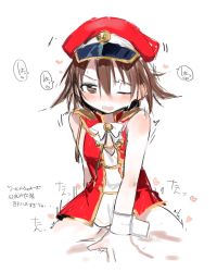 Rule 34 | 1girl, arm behind back, bare shoulders, blush, bow, bowtie, breasts, brown eyes, brown hair, hair between eyes, hat, heart, highres, looking at viewer, miyafuji yoshika, motion lines, one eye closed, open mouth, peaked cap, red hat, sex, short hair, simple background, small breasts, solo, solo focus, speech bubble, strike witches, sumomo (raviklx50uc2r2d), translation request, white background, white bow, white bowtie, world witches series, wrist cuffs