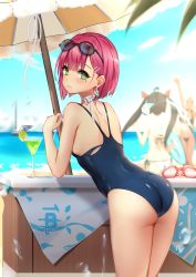 Rule 34 | 1girl, ass, beach, black-framed eyewear, blue one-piece swimsuit, blurry, blurry background, breasts, closed mouth, day, earrings, eyewear on head, green eyes, highres, jewelry, leaning forward, mole, mole under eye, nail polish, one-piece swimsuit, original, outdoors, pink hair, school swimsuit, shiny skin, short hair, sideboob, small breasts, solo focus, summer, swimsuit, yoruciel