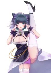 Rule 34 | 1girl, azur lane, black footwear, black hair, black skirt, blush, bow, bow panties, breasts, cheshire (azur lane), cleavage, detached sleeves, double v, dress, garter straps, green eyes, green hair, high heels, highres, large breasts, looking at viewer, maid, maid headdress, multicolored hair, open mouth, oreon z, panties, puffy sleeves, purple panties, shoes, short hair, short sleeves, skirt, smile, split, standing, standing on one leg, standing split, star (symbol), streaked hair, thighhighs, two-tone hair, underwear, v, white background, white dress, white thighhighs, wrist cuffs