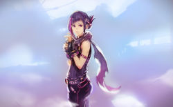 Rule 34 | 1girl, absurdres, arm strap, fingerless gloves, gloves, highres, looking at viewer, multicolored hair, okuto, original, purple hair, scarf, short hair, sleeveless, solo, standing, two-tone hair