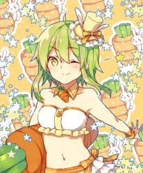 Rule 34 | 1girl, bare shoulders, bracelet, carrot, collarbone, frilled shirt, frills, green eyes, green hair, gumi, hair ornament, holding, iritoa, jewelry, looking at viewer, matching hair/eyes, navel, one eye closed, outstretched arms, rabbit, shirt, smile, solo, star (symbol), strapless, tube top, upper body, vocaloid, wink