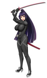 Rule 34 | 1girl, absurdres, arms up, black bodysuit, bodysuit, breasts, covered navel, from side, hair ornament, high heels, highres, holding, holding sword, holding weapon, huge breasts, impossible bodysuit, impossible clothes, katana, large breasts, long hair, looking at viewer, open mouth, original, platform footwear, platform heels, purple hair, red eyes, ryoko yamaguchi, ryu seung, scabbard, sheath, simple background, skin tight, solo, standing, star (symbol), star hair ornament, sword, teeth, two-handed, upper teeth only, very long hair, weapon, wristband