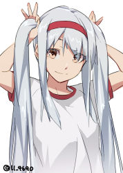 Rule 34 | 1girl, 4690 (tkpbsk), alternate costume, bunching hair, gym shirt, headband, holding, holding own hair, kantai collection, long hair, looking at viewer, red headband, shirt, shoukaku (kancolle), simple background, smile, solo, t-shirt, twintails, twitter username, upper body, white background, white hair, white shirt