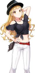 Rule 34 | 1girl, arm behind head, arm up, bare shoulders, belt, black hat, black shirt, blonde hair, braid, breasts, cleavage, clothing cutout, collarbone, crop top, cue!, fedora, front-tie top, hand on own hip, hat, highres, hinakura riko, jewelry, large breasts, long hair, looking at viewer, lowleg, lowleg pants, medium breasts, midriff, navel, necklace, official art, pants, parted lips, shirako miso, shirt, short sleeves, shoulder cutout, sidelocks, solo, standing, stomach, transparent background, wavy hair, white pants, yellow eyes