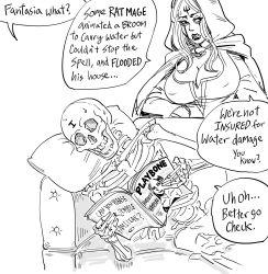 Rule 34 | 1girl, 1other, bb (baalbuddy), brand name imitation, breasts, cape, cleavage, commentary, couch, english commentary, english text, facial mark, forehead mark, greyscale, highres, hood, hood up, hooded cape, large breasts, lipstick, makeup, monochrome, necromancer, necromancer (bb (baalbuddy)), on couch, original, pillow, playboy, simple background, skeleton, undead, white background