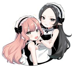 Rule 34 | 2girls, bad id, bad twitter id, bare shoulders, black bow, black hair, black neckwear, blush, bow, closed mouth, crossed arms, earrings, frown, grey eyes, highres, hoop earrings, jewelry, long hair, looking back, maid, maid headdress, multiple girls, open mouth, original, pink hair, pointy ears, see-through, simple background, sweat, teeth, upper body, useq1067, v, watch, white background