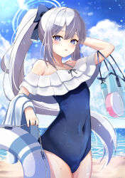 Rule 34 | 1girl, absurdres, bare arms, bare legs, bare shoulders, blue archive, blue halo, blue one-piece swimsuit, blush, casual one-piece swimsuit, commentary, cowboy shot, frilled one-piece swimsuit, frills, grey hair, halo, highres, kuromiz, long hair, looking at viewer, miyako (blue archive), miyako (swimsuit) (blue archive), off-shoulder one-piece swimsuit, off shoulder, official alternate costume, official alternate hairstyle, one-piece swimsuit, open mouth, ponytail, purple eyes, smile, solo, swimsuit