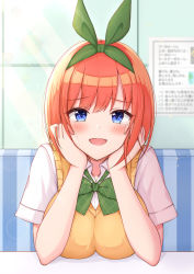 Rule 34 | 1girl, :d, absurdres, beige vest, blue eyes, blurry, blurry background, blush, bob cut, bow, bowtie, breast rest, breasts, breasts on table, collarbone, collared shirt, commentary request, couch, crying, crying with eyes open, go-toubun no hanayome, green bow, green hairband, green ribbon, hair ribbon, hairband, hands on own cheeks, hands on own face, highres, large breasts, lens flare, light particles, light rays, looking at viewer, nakano yotsuba, open mouth, orange hair, plaid, plaid bow, poster (object), ribbon, school uniform, shirt, short hair, short sleeves, sidelocks, smile, solo, sparkle, sunbeam, sunlight, sweater vest, table, tearing up, tears, upper body, white shirt, window, yukiunag1