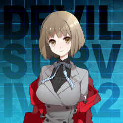 Rule 34 | 10s, 1girl, bow, bowtie, breasts, brown eyes, brown hair, coat, copyright name, devil survivor 2, impossible clothes, impossible shirt, jacket, large breasts, mami (apsaras), devil survivor, nitta io, open clothes, open jacket, shirt, short hair, smile, solo, striped