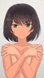Rule 34 | 10s, 1girl, akagi (fmttps), artist name, bad id, bad pixiv id, breasts, brown hair, closed mouth, collarbone, commentary request, covering privates, covering breasts, dark-skinned female, dark skin, girls und panzer, green eyes, grey background, hoshino (girls und panzer), light frown, looking at viewer, medium breasts, nude, partial commentary, short hair, solo, standing, tan, tanline, twitter username, upper body