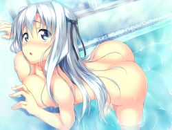 Rule 34 | 1girl, :o, against wall, aqua eyes, ass, bath, blush, breasts, erect!, from above, game cg, grey hair, hair ribbon, jewelry, large breasts, long hair, looking at viewer, lunastia asteel, nipples, nude, official art, piromizu, ribbon, ring, solo, steam, wading, water, wet, white hair