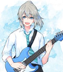 Rule 34 | 1girl, 25at000, aqua necktie, blue eyes, collared shirt, commentary request, diagonal-striped clothes, diagonal-striped necktie, electric guitar, fender stratocaster, floating hair, girls band cry, grey hair, guitar, hair between eyes, highres, holding, holding guitar, holding instrument, instrument, kawaragi momoka, medium hair, necktie, open mouth, ponytail, school uniform, shirt, sleeves past elbows, solo, striped clothes, teeth, upper body, upper teeth only, white shirt
