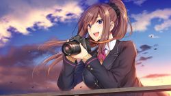Rule 34 | 1girl, blue eyes, blush, bow, bowtie, breasts, brown hair, camera, cloud, digital camera, evening, female focus, game cg, hair ornament, hair scrunchie, hands up, happy, high ponytail, holding, holding camera, large breasts, likexlove totsukawa hikaru, long hair, long sleeves, looking at viewer, open mouth, original, outdoors, red bow, red bowtie, school uniform, scrunchie, shouji nigou, sky, smile, solo, standing, totsukawa hikaru, upper body