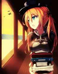 Rule 34 | 10s, 1girl, aircraft, airplane, anchor hair ornament, blonde hair, blue eyes, book stack, breast rest, breasts, carrying, gloves, hair ornament, hat, indoors, kantai collection, long sleeves, looking to the side, maye dou, medium breasts, microskirt, military, military uniform, open mouth, orange sky, peaked cap, prinz eugen (kancolle), skirt, sky, solo, standing, tongue, twintails, uniform, upper body, white gloves, window