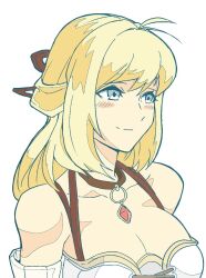 Rule 34 | 1girl, blonde hair, blue eyes, blush, breasts, cleavage, closed mouth, collar, collarbone, commentary request, detached sleeves, fiora (xenoblade), hair ribbon, highres, large breasts, long hair, ribbon, simple background, smile, solo, to (tototo tk), white background, xenoblade chronicles (series), xenoblade chronicles 1