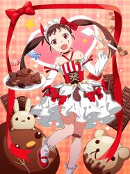Rule 34 | 1girl, apron, bakemonogatari, bandaid, bandaid on knee, bandaid on leg, bear, bow, brown eyes, brown hair, chocolate, detached sleeves, dress, hachikuji mayoi, hands up, head tilt, holding, holding plate, holding spoon, leg up, long hair, looking at viewer, monogatari (series), monogatari series puc puc, multicolored clothes, multicolored dress, open mouth, pink background, plate, rabbit, red bow, red dress, red footwear, red ribbon, ribbon, skirt, socks, spoon, standing, third-party source, twintails, valentine, watanabe akio, white apron, white dress, white skirt, white sleeves, white socks