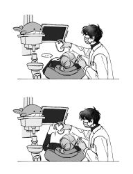 Rule 34 | ..., 2boys, comic, commentary request, dental chair, dentist, eoduun badaui deungbul-i doeeo, gloves, greyscale, hand up, heart, heart hands, heart hands duo, highres, holding, kim jaehee, kkoya cm, korean commentary, lab coat, long sleeves, male focus, mask, monochrome, mouth mask, multiple boys, park moo-hyun, photo-referenced, short hair, short ponytail, silent comic, simple background, stuffed animal, stuffed toy, stuffed whale, white background