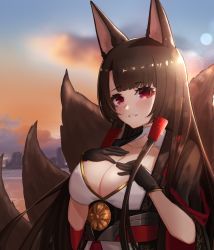 Rule 34 | 1girl, akagi (azur lane), animal ears, azur lane, black gloves, blurry, blurry background, breasts, brown hair, cityscape, cleavage, cloud, cloudy sky, collarbone, depth of field, fox ears, fox girl, fox tail, gloves, hands on own chest, highres, japanese clothes, kitsune, kuwahara taiki, large breasts, lens flare, long hair, long sleeves, looking at viewer, multiple tails, obi, outdoors, parted lips, red eyes, sash, sky, smile, solo, tail, upper body, very long hair, water, wide sleeves
