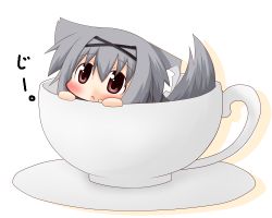 Rule 34 | 1girl, animal ears, blush, chibi, cup, dog ears, dog tail, hairband, in container, in cup, mini person, minigirl, open mouth, original, red eyes, shinshia, silver hair, solo, tail