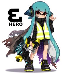 Rule 34 | 1girl, bandage on face, bandages, bike shorts, black cape, black footwear, black jacket, black shorts, blunt bangs, blush, cape, closed mouth, commentary, english commentary, english text, full body, green hair, hand on headwear, headgear, hero shot (splatoon), holding, holding weapon, inkling, inkling girl, inkling player character, jacket, light blush, light frown, long hair, long sleeves, looking at viewer, maco spl, nintendo, pointy ears, red eyes, shoes, shorts, simple background, single vertical stripe, sneakers, solo, splatoon (series), splatoon 1, splatoon 2, splatoon 2: octo expansion, squidbeak splatoon, standing, tentacle hair, torn cape, torn clothes, vest, weapon, white background, yellow vest