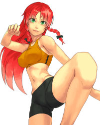 Rule 34 | 1girl, bad id, bad pixiv id, bike shorts, bow, braid, breasts, female focus, fighting stance, green eyes, hair bow, hong meiling, large breasts, leg lift, leg up, long hair, midriff, navel, red hair, simple background, smile, solo, sports bra, spread legs, standing, standing on one leg, touhou, twin braids, white background, yuuji (and)