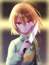 Rule 34 | 1other, brown hair, chara (undertale), commentary, expressionless, glowing, highres, holding, holding knife, holding weapon, jewelry, knife, looking at viewer, necklace, red eyes, sweater, undertale, upper body, weapon, yuupontan.