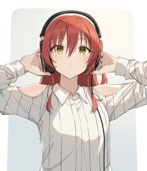 1girl adjusting_headphones blush bocchi_the_rock! clothing_cutout collared_shirt dot_nose green_eyes grey_background hair_between_eyes hair_over_shoulder hashtag-only_commentary headphones highres kanaria_hisagi kita_ikuyo long_hair long_sleeves looking_ahead looking_at_viewer one_side_up red_hair shirt shoulder_cutout sidelocks solo upper_body white_background white_shirt