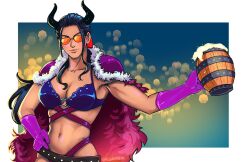 Rule 34 | 1girl, alcohol, beast pirates uniform, beer, belt, black horns, cape, commentary, ellie mehl, english commentary, fur cape, gloves, hand on own hip, highres, holding, horns, light smile, looking at viewer, low ponytail, nico robin, one piece, ponytail, purple cape, purple gloves, sidelocks, simple background, solo, sunglasses, swimsuit, upper body, wide hips