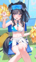 Rule 34 | 1girl, absurdres, animal ears, bare shoulders, black hair, blue archive, blue eyes, blush, breasts, cheerleader, cleavage, crop top, dog ears, dog girl, dog tail, eyewear on head, halo, hibiki (blue archive), hibiki (cheer squad) (blue archive), highres, holding, holding pom poms, long hair, looking at viewer, medium breasts, midriff, millennium cheerleader outfit (blue archive), miniskirt, murabana44, navel, official alternate costume, open mouth, pleated skirt, pom pom (cheerleading), pom poms, ponytail, sitting, skindentation, skirt, solo, star sticker, sticker on face, sweat, tail, thighs, tongue, tongue out, white skirt, yellow halo
