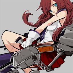 Rule 34 | 10s, 1girl, blue eyes, braid, brown hair, gloves, kantai collection, kobayashi kabura, lowres, machinery, noshiro (kancolle), pleated skirt, purple thighhighs, red skirt, silver background, simple background, single thighhigh, skirt, sleeveless, solo, thighhighs, turret, twin braids, white gloves