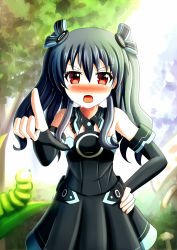 Rule 34 | 10s, 1girl, bare shoulders, black hair, blush, elbow gloves, fingerless gloves, gloves, hair ornament, hand on own hip, highres, long hair, looking at viewer, neptune (series), nose blush, open mouth, pointing, pointing at viewer, prophosphere, red eyes, solo, sweat, twintails, two side up, uni (neptunia)