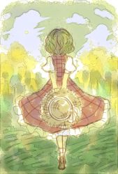 Rule 34 | 1girl, abstract background, arms behind back, flower, frilled skirt, frills, from behind, garden of the sun, green hair, hat, unworn hat, unworn headwear, highres, holding, holding clothes, holding hat, kazami yuuka, long skirt, plaid, plaid skirt, plaid vest, puffy short sleeves, puffy sleeves, red skirt, red vest, shoes, short hair, short sleeves, sketch, skirt, skirt set, socks, solo, straw hat, sunflower, tommy koh, touhou, vest, wavy hair, white socks