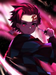 Rule 34 | 1boy, absurdres, chun nam, earrings, facial mark, haori, highres, holding, holding sword, holding weapon, japanese clothes, jewelry, kamado tanjirou, kimetsu no yaiba, looking at viewer, male focus, red eyes, red hair, scar, scar on face, scar on forehead, solo, sword, upper body, weapon