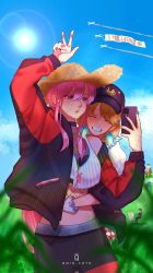 Rule 34 | 2girls, baseball cap, black nails, blush, cellphone, cellphone strap, closed eyes, couple, crop top, earrings, feather earrings, feathers, gawr gura, gawr gura (casual), gradient hair, happy, hat, highres, holding, holding phone, hololive, hololive english, hug, hug from behind, jacket, jewelry, long hair, midriff, mori calliope, mori calliope (streetwear), multicolored hair, multiple girls, nail polish, ninomae ina&#039;nis, ninomae ina&#039;nis (casual), official alternate costume, open mouth, orange hair, pants, phone, pink hair, qmin arts, red eyes, selfie, smartphone, smile, straw hat, takanashi kiara, takanashi kiara (casual), taking picture, teeth, track jacket, track pants, virtual youtuber, watson amelia, watson amelia (street casual), yuri, zipper