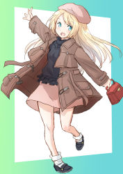Rule 34 | 1girl, alternate costume, bag, beret, black footwear, black sweater, blonde hair, blue eyes, brown coat, brown hat, coat, fuji (pixiv24804665), full body, hat, highres, jervis (kancolle), kantai collection, looking at viewer, outstretched arms, pink skirt, skirt, smile, socks, solo, sweater, white socks