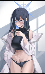 Rule 34 | 1girl, absurdres, bare shoulders, black panties, black shirt, blue archive, blue eyes, blue hair, coat, commentary request, cowboy shot, crop top, highres, long hair, luya (luyachan), midriff, navel, no headwear, off shoulder, open clothes, open coat, open mouth, panties, saori (blue archive), shirt, sleeveless, sleeveless shirt, solo, standing, stomach, thighs, underwear, white coat