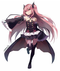 Rule 34 | 10s, 1girl, bare shoulders, black dress, black footwear, black thighhighs, boots, chiiririn, choker, detached sleeves, dress, full body, hair ornament, krul tepes, long hair, looking at viewer, owari no seraph, pink hair, pointy ears, red eyes, signature, smile, solo, thigh boots, thighhighs, two side up, vampire, very long hair, wide sleeves, zettai ryouiki