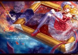 Rule 34 | 10s, 1girl, 2013, aged up, alternate costume, art brush, artist name, bare shoulders, blonde hair, crystal ball, dated, detached sleeves, dress, flandre scarlet, flower, hat, holding, jiao huashe, juliet sleeves, knees up, letterboxed, light smile, long sleeves, looking at viewer, mob cap, paintbrush, pantyhose, partially submerged, petals, picture frame, puffy sleeves, red dress, red eyes, red flower, red footwear, red rose, ribbon, ripples, rose, shawl, shoes, short hair, sitting, skull, solo, strapless, strapless dress, thighhighs, tiles, touhou, tube dress, white pantyhose, wings