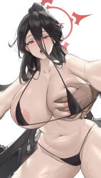 Rule 34 | 1boy, 1girl, :o, absurdres, alternate costume, areola slip, bikini, black bikini, black hair, blue archive, blush, breasts, cleavage, collarbone, commentary, curvy, english commentary, grabbing, grabbing another&#039;s breast, hair between eyes, halo, hasumi (blue archive), highres, huge breasts, long hair, looking at viewer, low wings, micro bikini, mole, mole under eye, navel, open mouth, red eyes, samart, sideboob, simple background, skindentation, solo focus, stomach, string bikini, sweat, swimsuit, thighs, underboob, very long hair, white background, wings