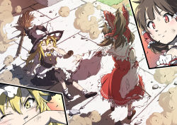 Rule 34 | 2girls, after battle, apron, arm support, blonde hair, bow, braid, broom, brown hair, buttons, collared shirt, detached sleeves, dress, frilled shirt collar, frilled skirt, frills, full body, gohei, hair bow, hair tubes, hakurei reimu, hat, hat bow, injury, inuno rakugaki, kirisame marisa, long hair, mary janes, medium hair, mini-hakkero, multiple girls, on ground, outstretched arm, red eyes, red shirt, red skirt, ribbon-trimmed sleeves, ribbon trim, shirt, shoes, short sleeves, single braid, sitting, skirt, skirt set, sleeveless, sleeveless shirt, smile, smoke, tearing up, torn clothes, touhou, waist apron, white bow, white legwear, witch hat, yellow eyes