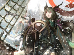 Rule 34 | 2girls, animal ears, armor, black hair, bow, cape, cat ears, cat tail, cloud, day, from below, green eyes, long hair, looking afar, multiple girls, open mouth, pixiv fantasia, pixiv fantasia t, purple eyes, shadow, ship, ship&#039;s wheel, shoulder armor, sishenfan, sky, snow, snowing, pauldrons, tail, tail bow, tail ornament, telescope, watercraft, white hair, wind