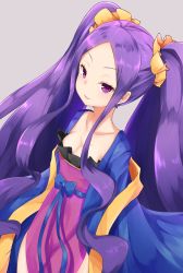 Rule 34 | 1girl, assassin of the nocturnal castle, blush, breasts, fate/grand order, fate (series), highres, japanese clothes, kimono, long hair, long sleeves, looking at viewer, nenosame (nenosame5 ), parted bangs, purple eyes, purple hair, sidelocks, simple background, smile, solo, twintails, very long hair, wide sleeves, wu zetian (fate), wu zetian (first ascension) (fate)