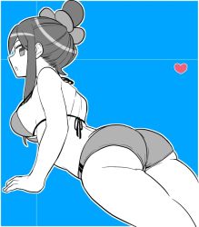 Rule 34 | 10s, 1girl, ass, bikini, breasts, creatures (company), female focus, game freak, gym leader, large breasts, looking back, lying, monochrome, nintendo, open mouth, pokemon, pokemon bw, shita ppa, short hair, side ponytail, simple background, skyla (pokemon), solo, spot color, swimsuit