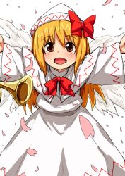 Rule 34 | 1girl, :d, bad id, bad pixiv id, blonde hair, bow, brown eyes, dai-erie, dress, gerijita, hat, hat bow, instrument, lily white, long hair, long sleeves, open mouth, petals, smile, touhou, trumpet, wings