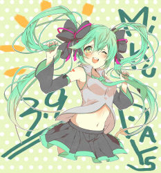 Rule 34 | 1girl, 39, bad id, bad pixiv id, character name, dated, detached sleeves, green eyes, green hair, hatsune miku, long hair, matching hair/eyes, midriff, navel, necktie, one eye closed, open mouth, pleated skirt, polka dot, polka dot background, skirt, solo, twintails, uru uzuki, very long hair, vocaloid, wink