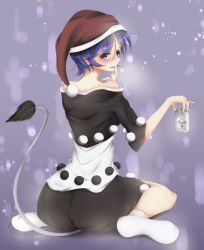 Rule 34 | 1girl, alcohol, ass, back, bad id, bad pixiv id, beer, beer can, black dress, blue eyes, blue hair, blush, can, doremy sweet, dress, drink can, drunk, from behind, full body, hat, licking, licking finger, light particles, matching hair/eyes, multicolored clothes, multicolored dress, nightcap, off shoulder, pom pom (clothes), short hair, short sleeves, socks, solo, tail, tapir tail, touhou, toyosaki shu, white dress, white socks