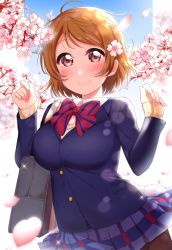 Rule 34 | 1girl, berisuno (beriberi0707), blazer, blue jacket, blue skirt, bow, bowtie, breasts, cherry blossoms, closed mouth, commentary request, cowboy shot, hands up, highres, jacket, koizumi hanayo, large breasts, light brown hair, looking at viewer, love live!, love live! school idol project, otonokizaka school uniform, pantyhose, plaid, plaid skirt, pleated skirt, purple eyes, red bow, red bowtie, school uniform, skirt, smile, solo, striped bow, striped bowtie, striped clothes, striped neckwear