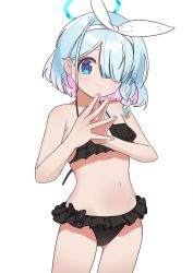 Rule 34 | 1girl, arona (blue archive), bare arms, bare shoulders, bikini, black bikini, blue archive, blue eyes, blue hair, blush, braid, closed mouth, commentary request, frilled bikini, frills, gluteal fold, hair over one eye, hair ribbon, hairband, halo, highres, long hair, looking at viewer, multicolored hair, nanana narang, navel, pink hair, ribbon, single braid, smile, solo, steepled fingers, swimsuit, two-tone hair, white hairband, white ribbon