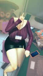 Rule 34 | 1girl, breasts, card, cellphone, chair, cleavage, collarbone, curvy, faceless, faceless female, headless, keyboard (computer), large breasts, legs, magazine (object), neck, office chair, office lady, ohtori saori, phone, purple sweater, red nails, sandals, skirt, staff, sweater, swivel chair, tagme, television, zom 100: zombie ni naru made ni shitai 100 no koto