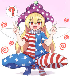 Rule 34 | 1girl, ?, @ @, american flag dress, american flag legwear, blonde hair, blush, clown, clownpiece, double v, fairy wings, full body, gradient background, hat, hypnosis, jester cap, long hair, looking at viewer, mind control, neck ruff, open mouth, pantyhose, pink background, polka dot, purple hat, red eyes, rizento, short sleeves, smile, solo, spiral, spoken question mark, squatting, star (symbol), star print, striped, touhou, v, white background, wings
